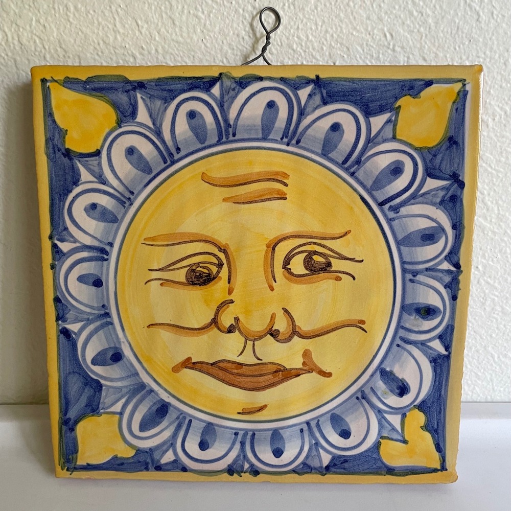 Hand Crafted Vintage Celestial Sun Face Tile Wall Art Terracotta Italy Garden